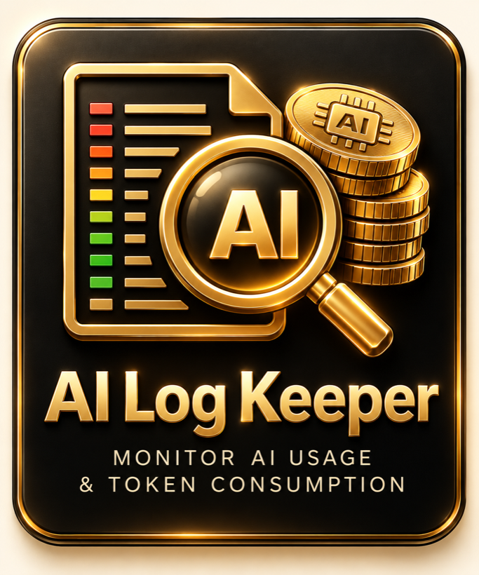 AI Log Keeper badge: a log page, a magnifier and a stack of coins in gold on black
