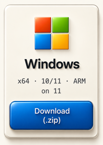 Windows — x64, 10/11, ARM on 11 — Download (.zip)