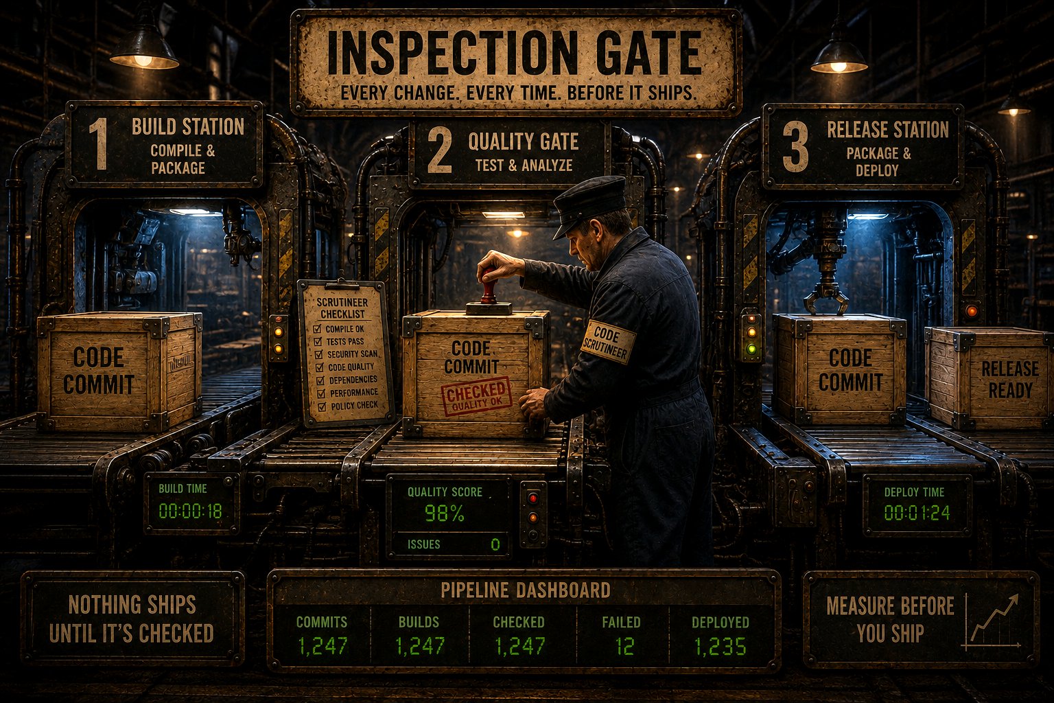 A factory conveyor carries CODE COMMIT crates through build, quality gate and release stations; a scrutineer stamps each crate CHECKED — nothing ships until it is checked