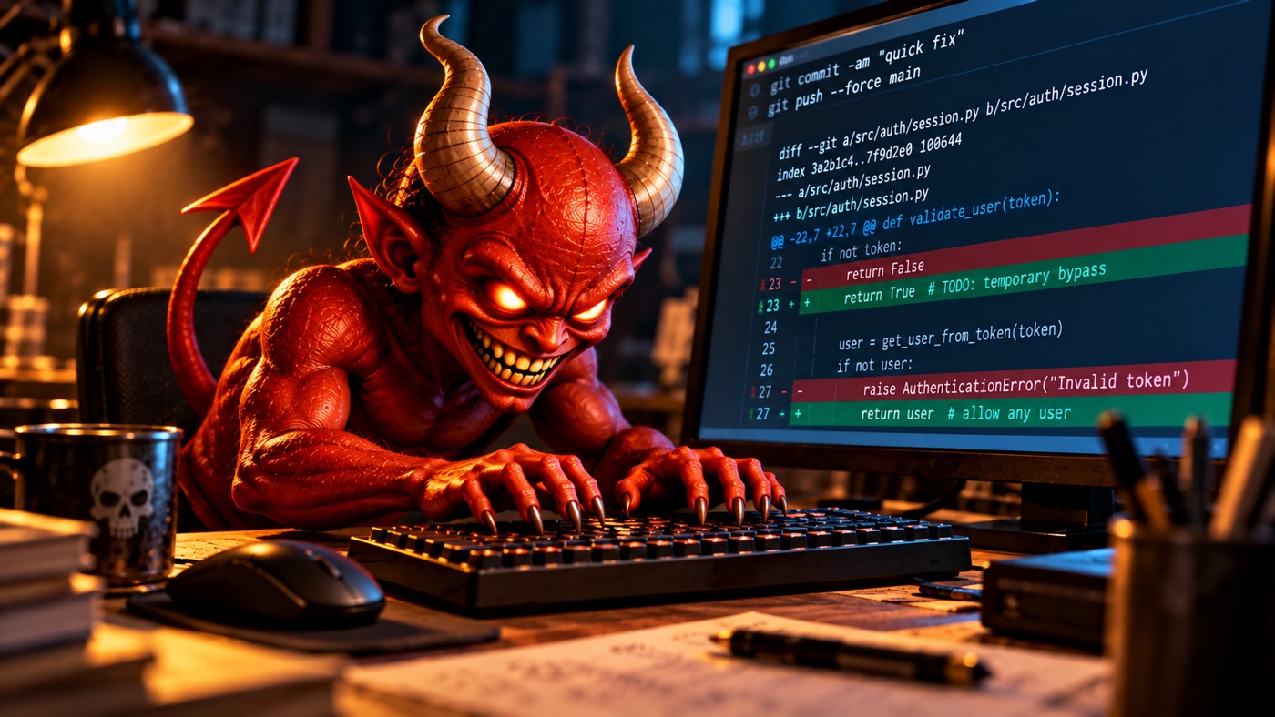 A grinning red demon at a developer's keyboard, committing a diff that turns an authentication check into a bypass.