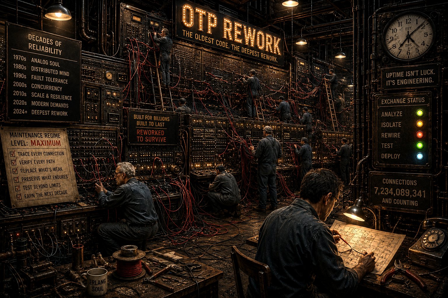 Engineers rewire a vast vintage telephone exchange under a sign reading OTP REWORK — the oldest code, the deepest rework; maintenance regime level: maximum