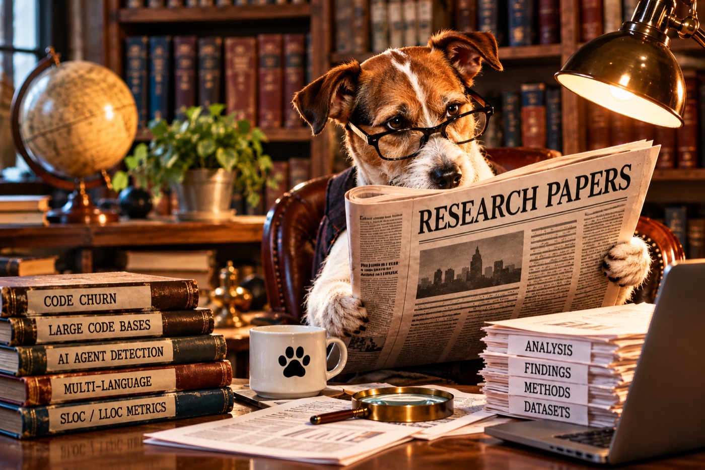 A terrier in reading glasses at a library desk reads a newspaper headed RESEARCH PAPERS, beside books labelled code churn, large code bases, AI agent detection, multi-language and SLOC / LLOC metrics, and a stack of files tabbed analysis, findings, methods and datasets
