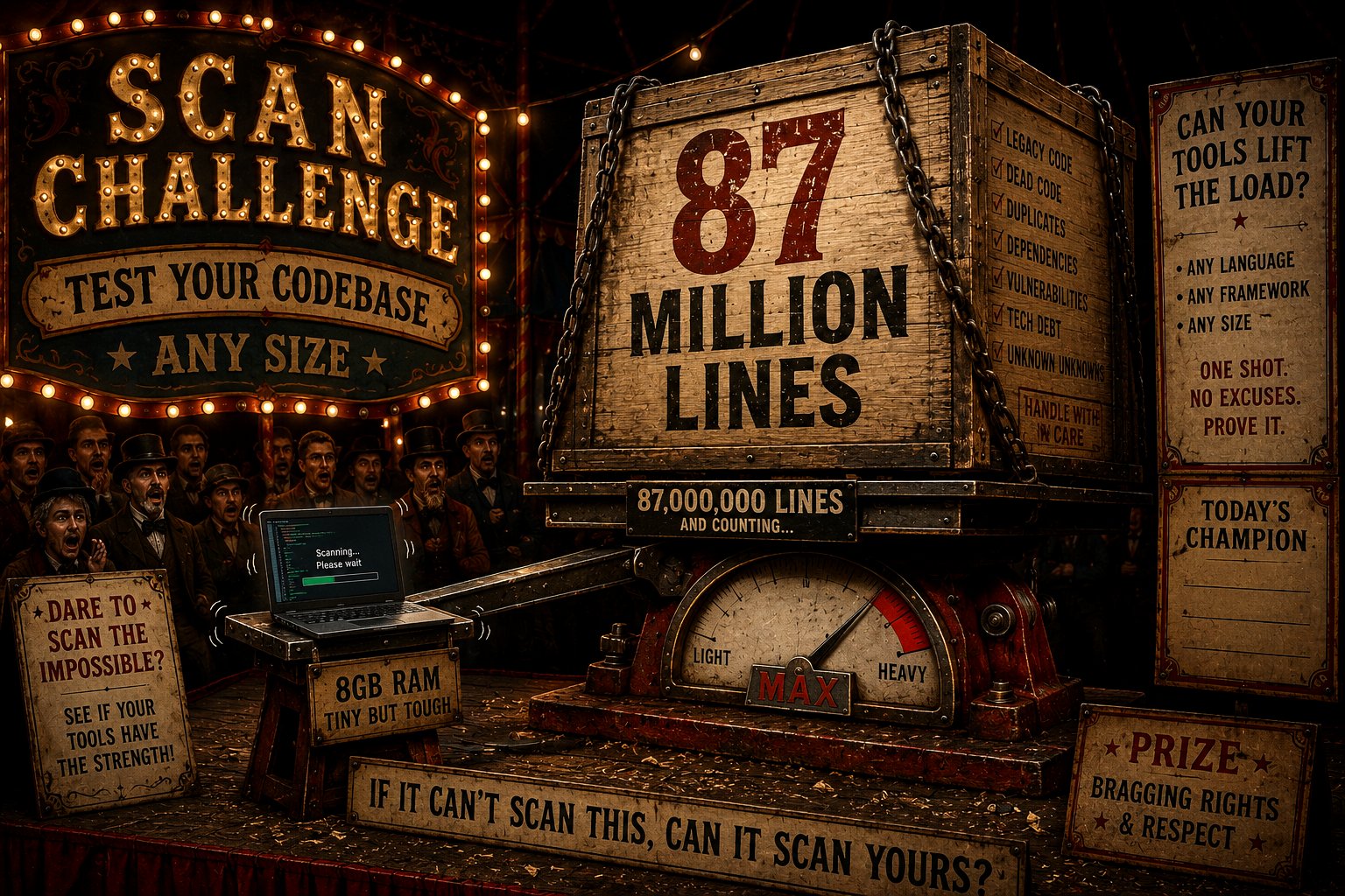A carnival strongman scale reads MAX under an 87-million-line crate while an 8GB laptop labelled tiny but tough does the scanning — if it can scan this, can it scan yours?
