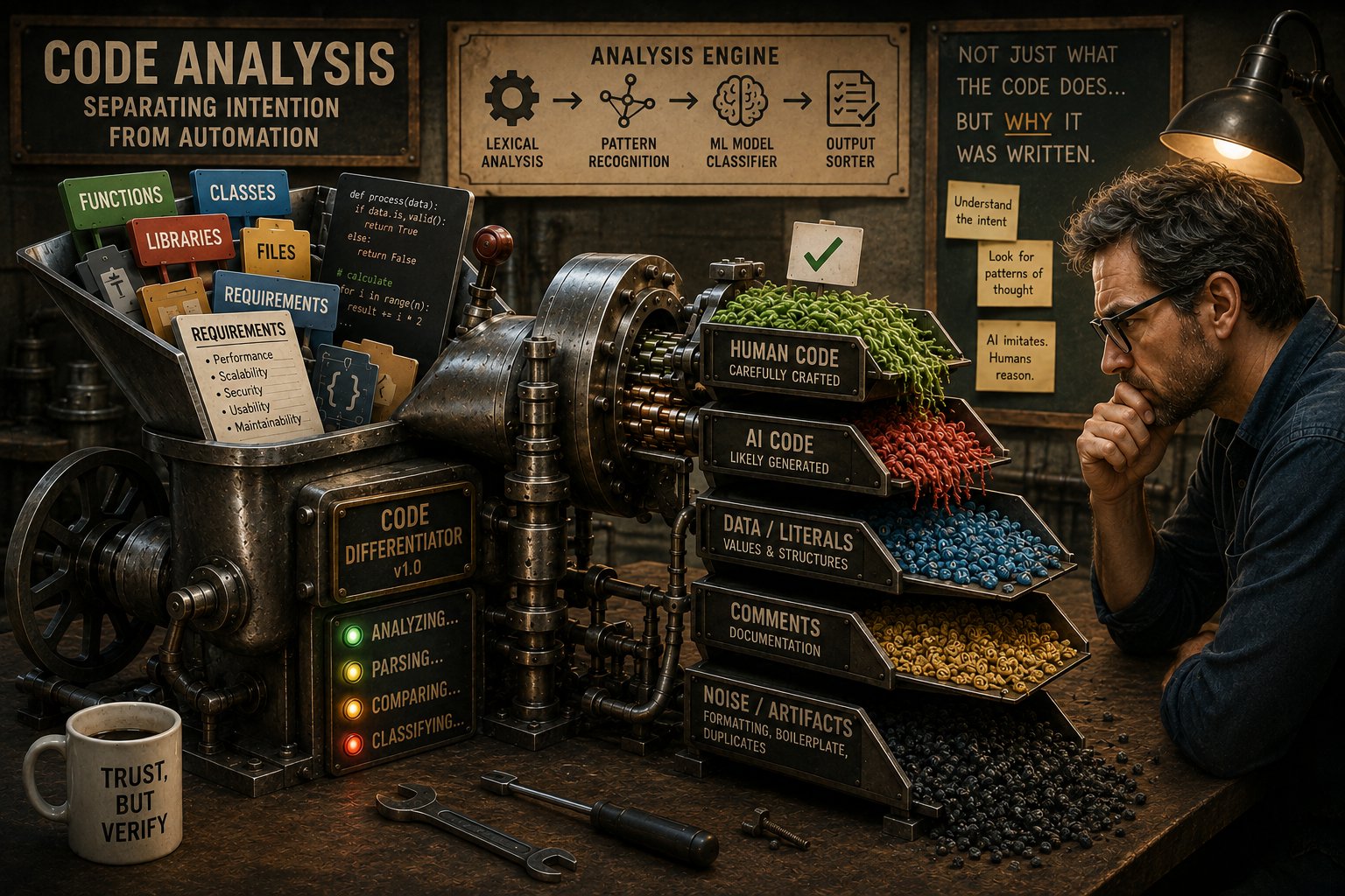 A workshop machine sorts a codebase into separate trays — human code, AI code, data and literals, comments, noise and artifacts — separating true churn from the rest