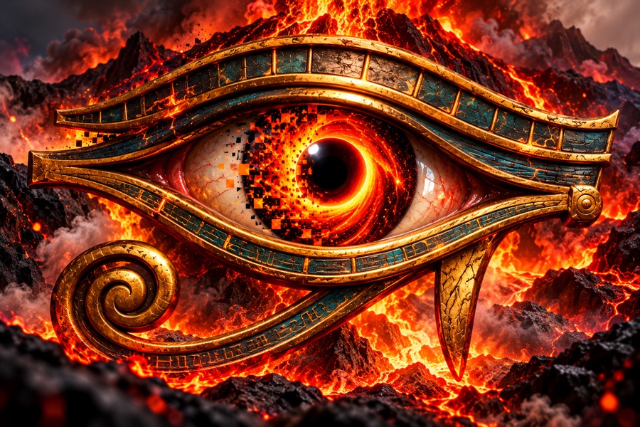 The CodeDelta eye: a molten Eye of Horus whose pupil is the CodeDelta vortex.