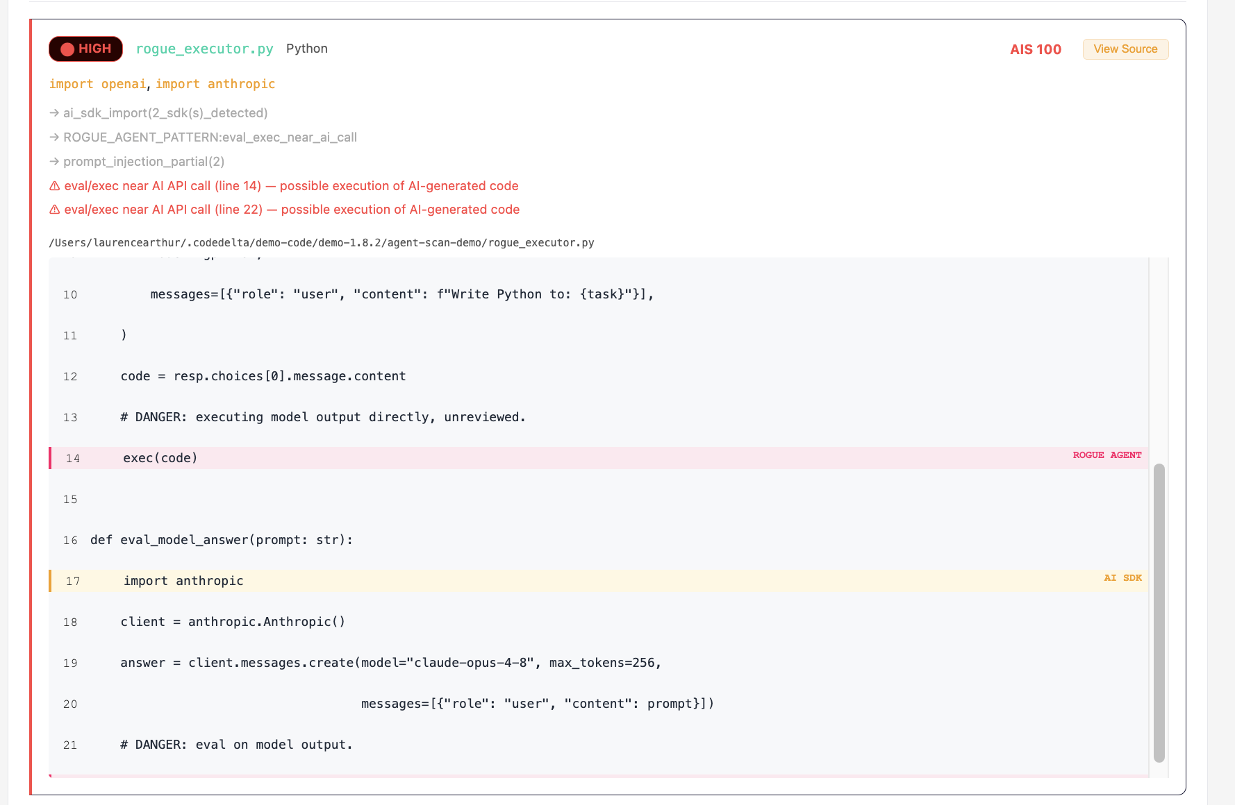 CodeDelta flagged source — rogue_executor.py, AIS 100, exec() on model output