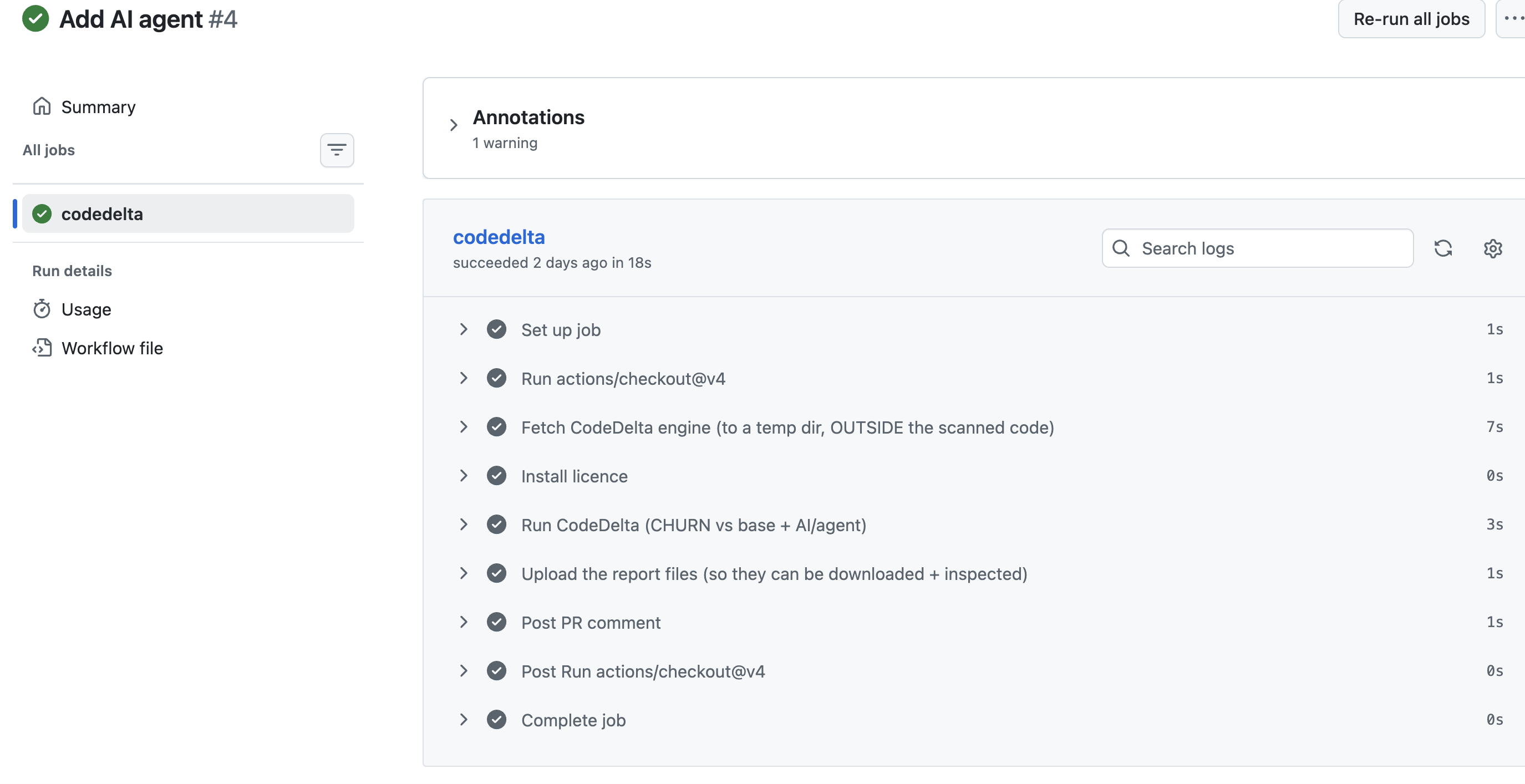 CodeDelta running as a job in CI — fetch engine, run on the diff, post comment, all steps green