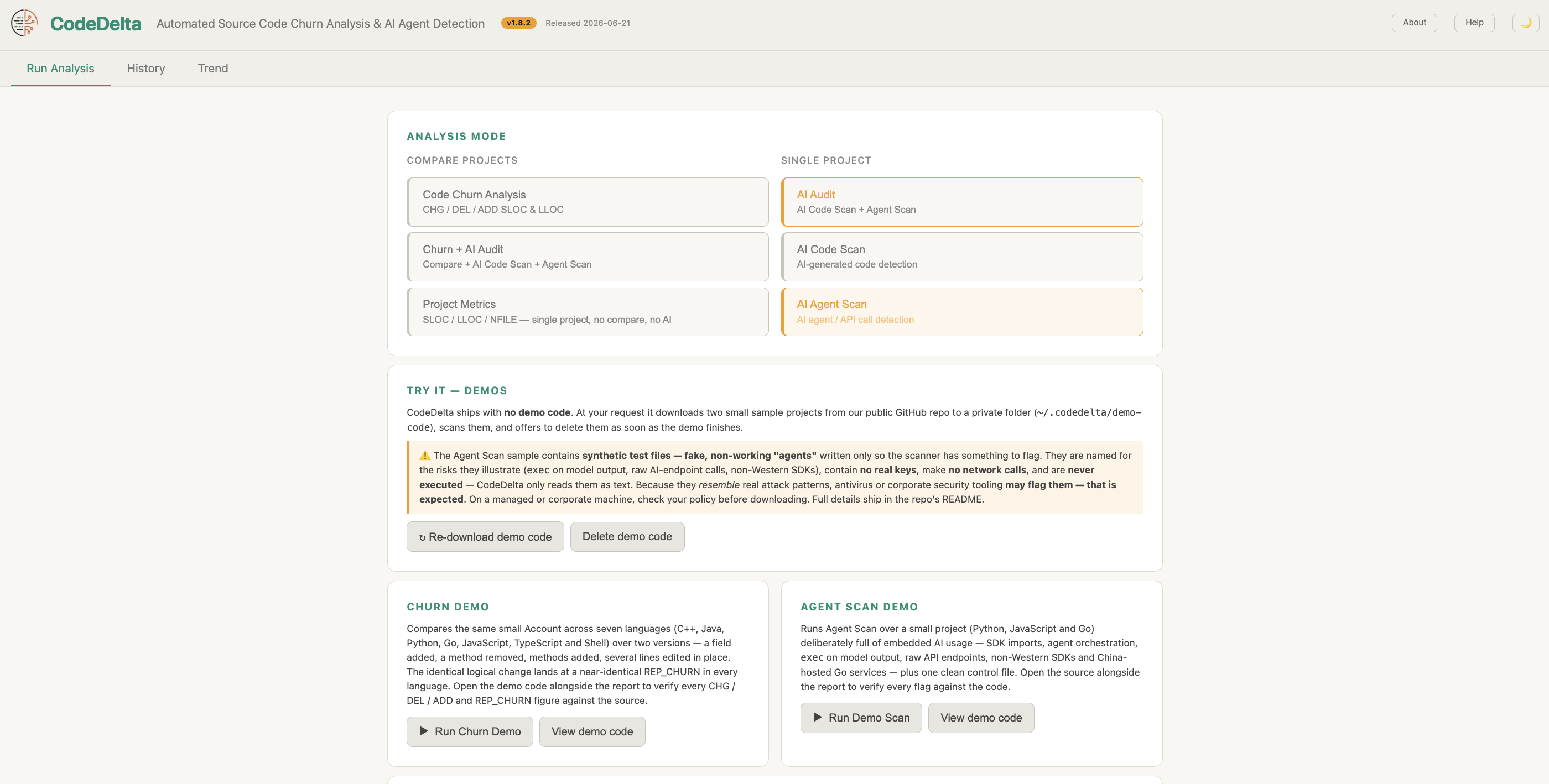 CodeDelta desktop app — analysis modes and Try-It demos