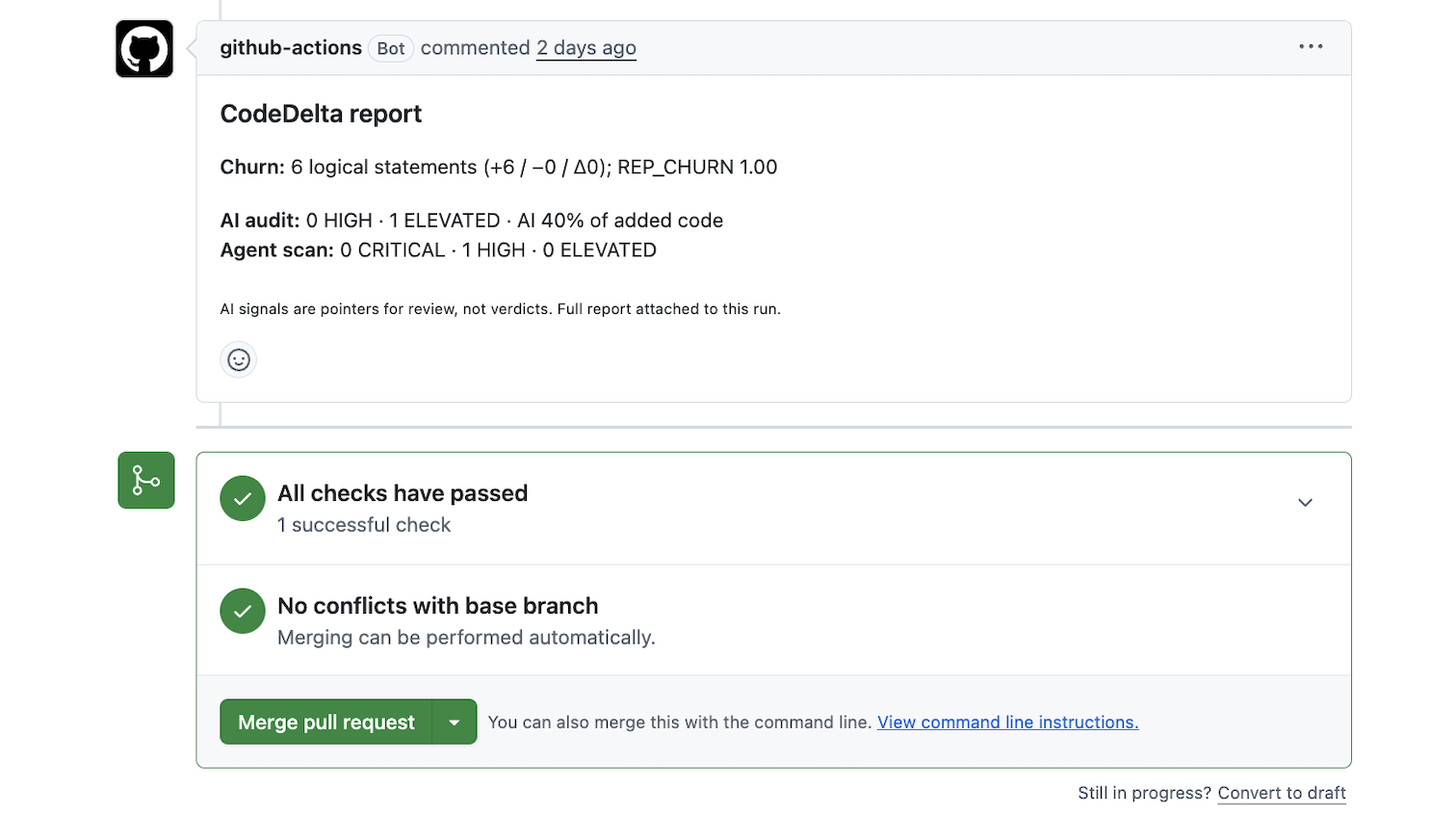 CodeDelta report comment on a pull request — churn, AI audit and agent-scan summary, with all checks passed and merge available